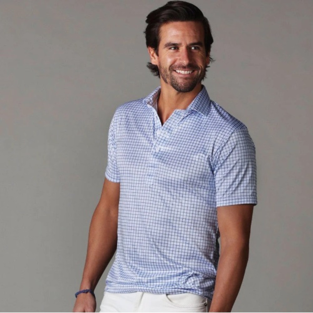 Collars & Co Men Polo Shirt Large Tall Blue Tattersall Semi Spread Collar Office - Picture 2 of 16